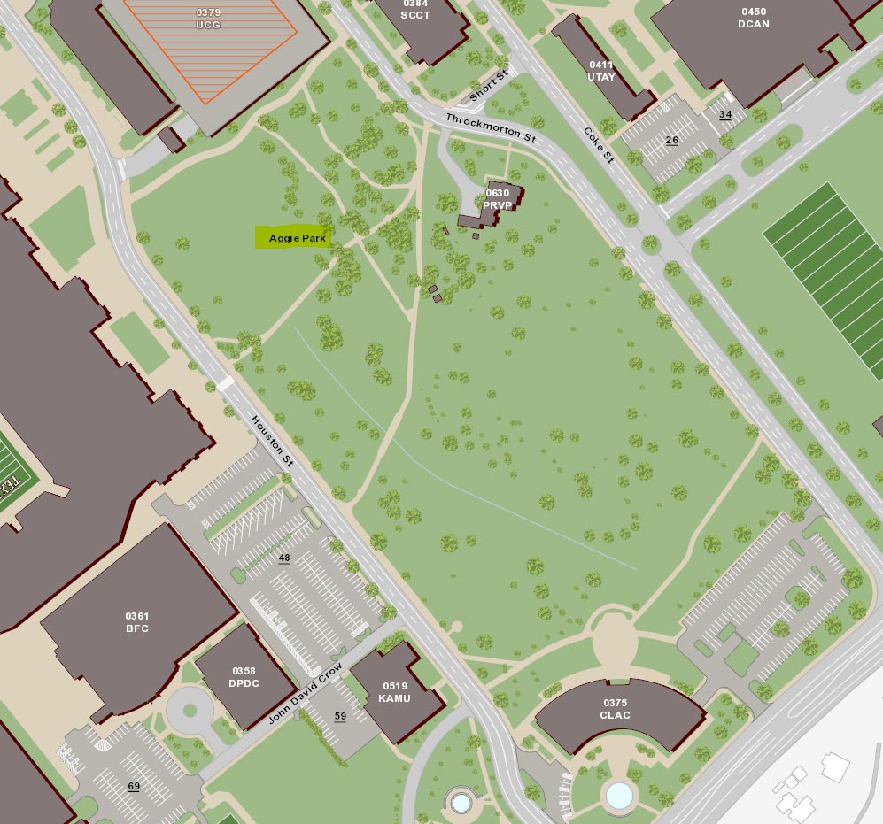 Map showing distinction between Aggie Park and Spence Park locations